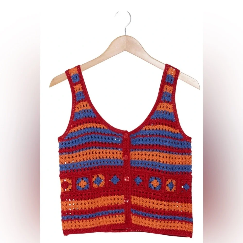 Cotton Emporium Crocheted Square Buttoned Red and Blue Tank Top XL Never Worn - Picture 3 of 8